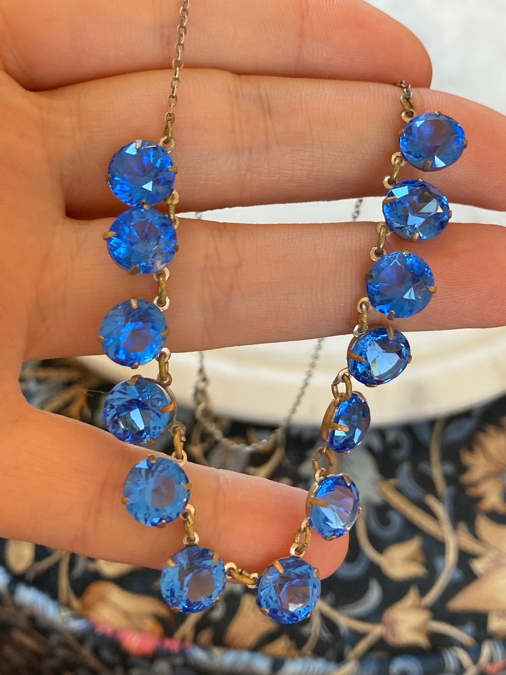 Antique Art Deco Blue Paste Faceted Open Back Setting Choker Necklace